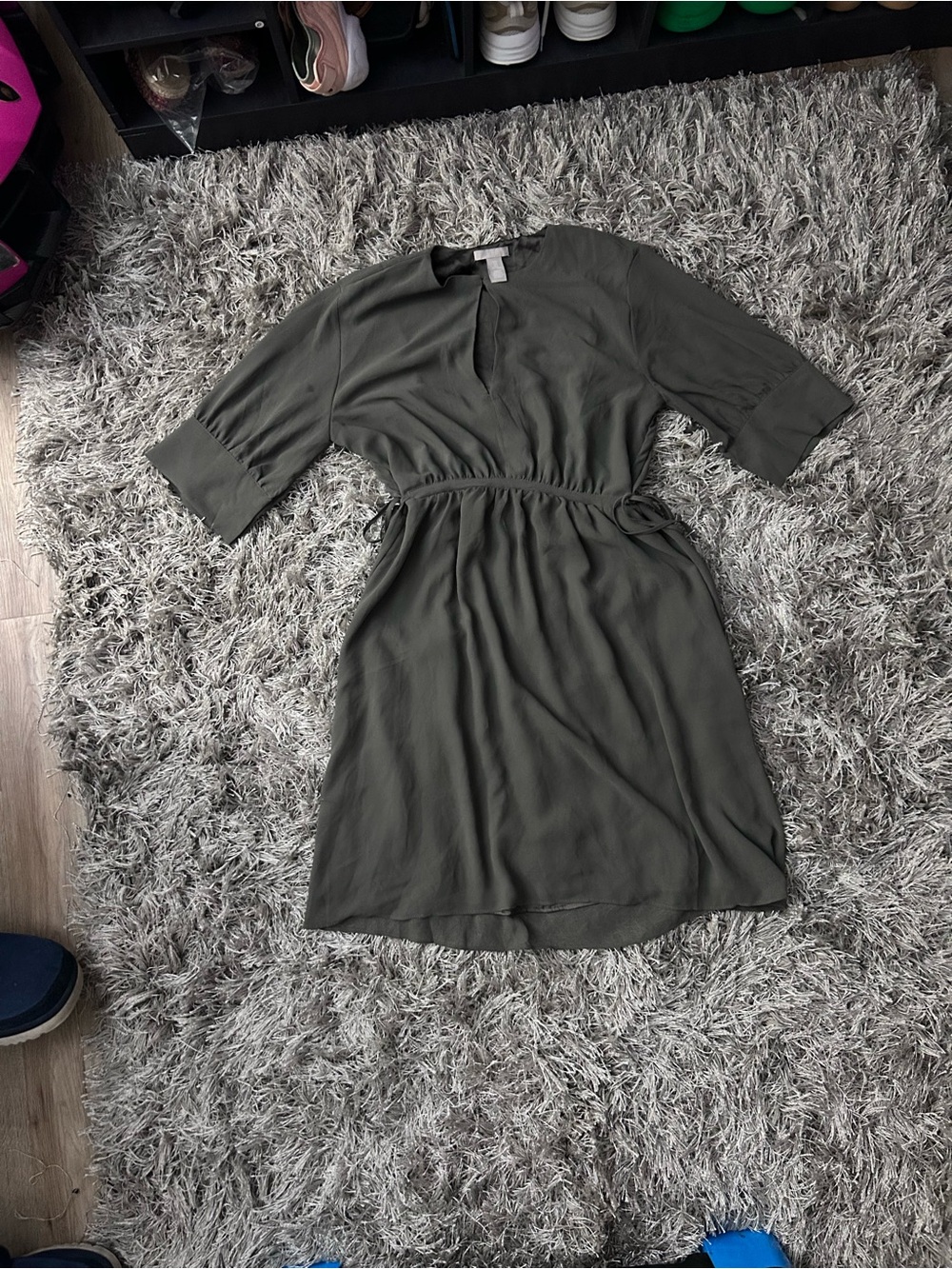 H&M Olive Green Tie-Waist V-Neck Dress